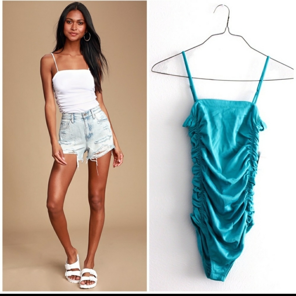 Free People Turquoise Tiffany Blue Ruched Square Neck Bodysuit